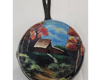 Vintage Hand Painted Cast Iron Skillet Barn Landscape Folk Art Sara Wolak 1994