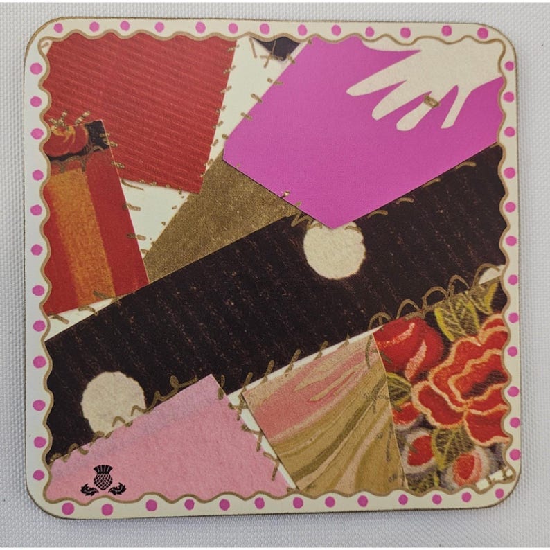 MacKenzie-Childs Set of 4 Collage Patchwork Cork Back Coasters Pink Polka Dot image 5