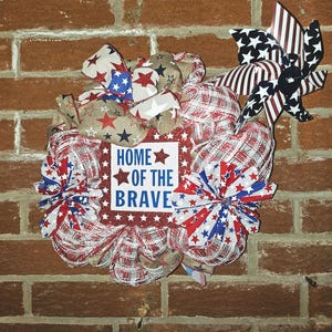 Wreath - Patriotic Home of the Brave - 4th of July Decor - Handmade Red, White, and Blue Burlap Wreath - Independence Day Door Decoration