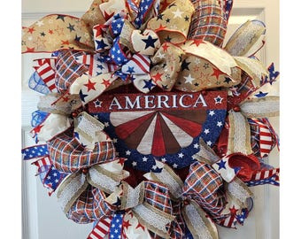 Handmade Patriotic Wreath, Red White Blue Ribbon, Americana Door Decor
