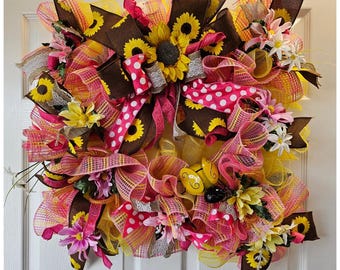 Handcrafted Summer Sunflower Wreath w Polka Dot Bow Bright Cheerful Door Decor