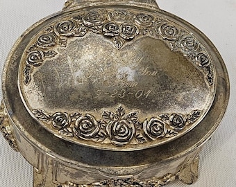 Vintage Sankyo Silver Tone Rose Floral Footed Music Jewelry Trinket Box Oval