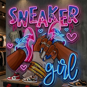 Pode incluir: Letreiro de néon com as palavras "SNEAKER girl" em rosa e azul. A obra apresenta ilustrações de ténis, mãos com joias e corações. Vários pares de ténis são exibidos numa prateleira de madeira.