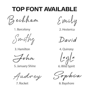 Puede incluir: Un gr&aacute;fico que muestra ocho estilos de fuente diferentes con nombres como Beckham, Emily, Smithy, David, John, Layla, Audrey y Sophia. Cada estilo de fuente est&aacute; numerado y tiene un nombre descriptivo debajo.