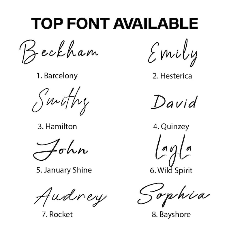 Puede incluir: Un gr&aacute;fico que muestra ocho estilos de fuente diferentes con nombres como Beckham, Emily, Smithy, David, John, Layla, Audrey y Sophia. Cada estilo de fuente est&aacute; numerado y tiene un nombre descriptivo debajo.