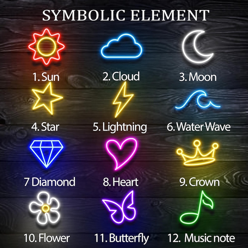 Puede incluir: Una ilustraci&oacute;n gr&aacute;fica de 12 letreros de ne&oacute;n que representan varios elementos simb&oacute;licos, incluyendo un sol, una nube, una luna, una estrella, un rayo, una ola de agua, un diamante, un coraz&oacute;n, una corona, una flor, una mariposa y una nota musical. Cada letrero est&aacute; etiquetado con su nombre correspondiente.