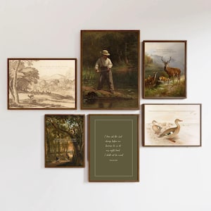 May include: A collection of framed prints featuring nature scenes and inspirational quotes. The prints depict a deer in a woodland, a boy fishing, a forest scene, a bird, and a quote about setting the Lord before you.