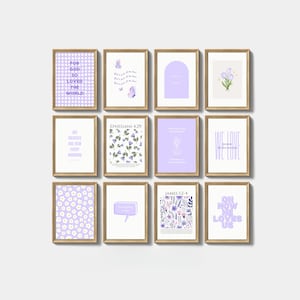 Lilac Christian Gallery Wall Art Bundle Set of 12 Fun Trendy Print Cute Coquette Home Decor Christian Girl Gift Aesthetic Apartment Lavender