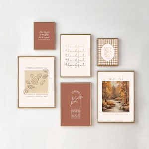 May include: A set of six printable wall art prints with an autumn theme. The prints feature bible verses, a thankful quote, and a watercolour painting of a woodland scene. The prints are in a minimalist style with a brown and beige colour palette.