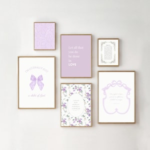 Lilac Christian Gallery Wall Art Set of 6 Vintage Coquette Aesthetic Nursery Print Bible Verse Scripture Posters Trendy Purple Summer Garden