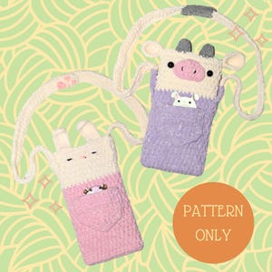 PATTERN de sac à cellulaire avec poche pour cartes à l'arrière vache ET lapin. Sac à bandoulière au crochet. Porte téléphone.
