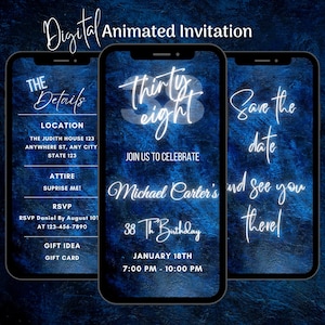 May include: Digital animated invitation displayed on three smartphones. The invitation features details for a 38th birthday celebration, including the date, time, location, and RSVP information, all set against a dark blue background.