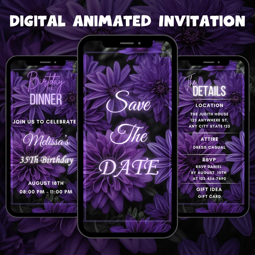 Editable Purple Floral Birthday Video Invitation: Animated Save the ...