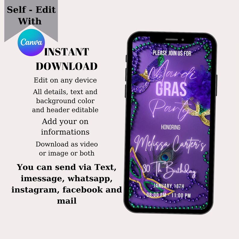 May include: Purple and gold Mardi Gras party invitation on a smartphone screen. The invitation features a neon pink text that says "Mardi Gras Party" and "Melissa Carter's 30th Birthday". The invitation also includes a date and time for the party.