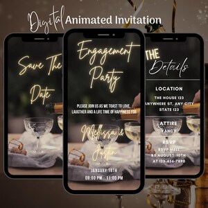 Könnte beinhalten: Eine digitale animierte Einladung zu einer Verlobungsfeier. Die Einladung hat einen schwarzen Hintergrund mit neongelbem Text, der "Save The Date", "Engagement Party", "The Details", "Melissa & Justin", "January 18th", "08:00 PM - 11:00 PM", "Location", "The House 123", "Anywhere St, Any City", "State 123", "Attire", "Fancy", "RSVP", "RSVP Mell", "By August 10th", "At 123-456-7890" lautet. Die Einladung zeigt auch ein Foto von zwei Champagnergläsern, in die Champagner gegossen wird.