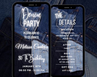 Digital Denim Theme Birthday Invitation, Denim Birthday Animated Invitation, Editable Denim Birthday Video Invite, Denim Party Invite
