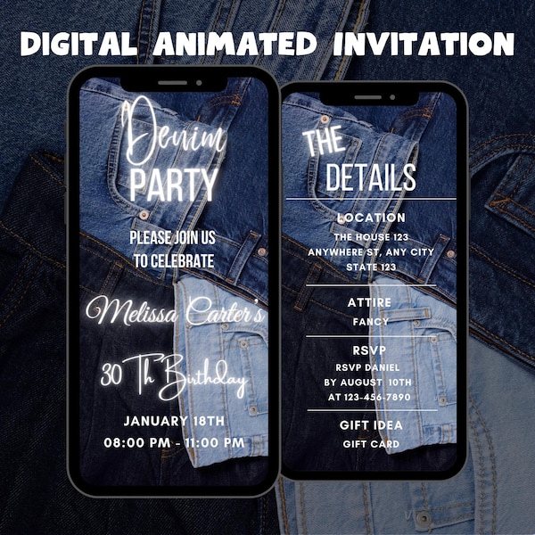 Invitación de cumpleaños con temática de mezclilla digital, invitación animada de cumpleaños con mezclilla, invitación de video de cumpleaños con mezclilla editable, invitación a fiesta con mezclilla