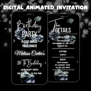 May include: Black and white digital invitation with a diamond theme. The invitation reads "Birthday Party" and includes the text "Please join us to celebrate Melissa Carter's 30th Birthday". The date and time of the party are listed as "January 18th, 08:00 PM - 11:00 PM". The details section includes the location, attire, RSVP information, and gift idea.