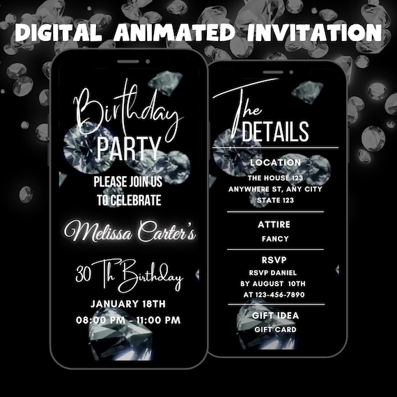 Editable Diamond Party Invitation, Diamond Birthday Party Animated Invitation Template, Diamond Party Video Invitation, Birthday Dinner