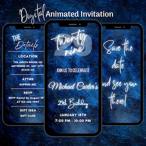 Digital Blue 29th Birthday Invitation, Animated 29th Birthday Party Invitation, Editable 29th Birthday Dinner Video Invitation Template