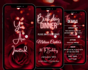 Red Rose Birthday Dinner Video Invitation: Editable Floral Animated Invite Template (Digital Download)