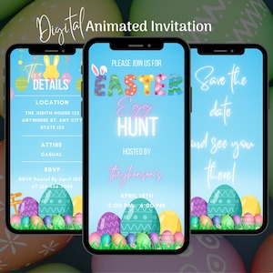 Op de afbeelding: Een digitale uitnodiging voor een paaseierenjacht. De uitnodiging is op een blauwe achtergrond met een roze en wit paasei-ontwerp. De tekst op de uitnodiging luidt "Doe mee met de paaseierenjacht, georganiseerd door The Johnsons op 18 april van 15:00 tot 18:00 uur".