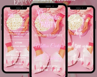 Digital Pajama Party Birthday Invitation ,Animated Pink Sleepover Video Invite, Girls Night Evite