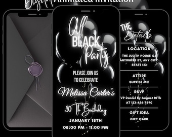 Elegant All Black Birthday Party Video Invitation, Editable Animated Black Birthday Dinner Invite (Digital Download)