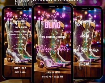 Boots and Bling Cowgirl Birthday Animated Invitation: Editable Party Evite Template (Digital Download)