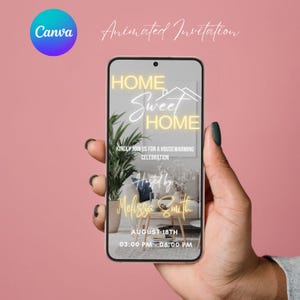 May include: A mobile phone screen displaying a housewarming invitation with the text "HOME Sweet HOME" in neon yellow lettering. The invitation is for a housewarming celebration hosted by Melissa Smith on August 18th from 3:00 PM to 6:00 PM.