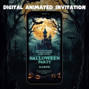 May include: A digital animated Halloween party invitation displayed on a smartphone. The invitation features a spooky castle, bats, and a full moon. Text includes "Halloween Party" and event details.