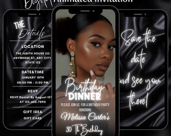 Digital Black Birthday Dinner Invitation Template, Editable Elegant Animated Birthday Party Video Invite