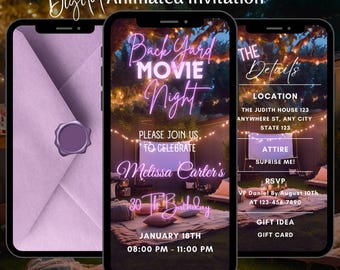 Backyard Movie Night Birthday Invitation, Editable Animated Movie Party Vide Invite Template, Outdoor Cinema Party Evite(Digital Download)