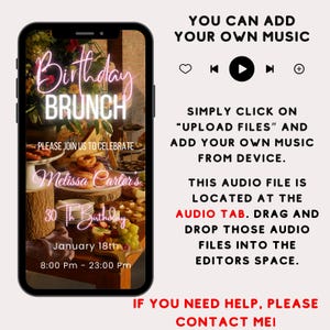 Puede incluir: Una invitaci&oacute;n digital para un brunch de cumplea&ntilde;os con un letrero de ne&oacute;n rosa que dice "Birthday Brunch". La invitaci&oacute;n incluye el texto "Please join us to celebrate Melissa Carter's 30th Birthday" y la fecha y hora del evento: "January 18th, 8:00 PM - 23:00 PM".