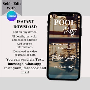 Op de afbeelding: Een digitale uitnodiging voor een poolparty met een tropische achtergrond. De tekst luidt "POOL Party" en "Please Join Us To Celebrate Melissa Smith's 30th Birthday".