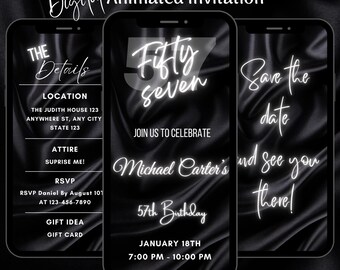Animated Black 57th Birthday Video Invitation Template, Editable Digital Dinner Party Evite (Instant Download)