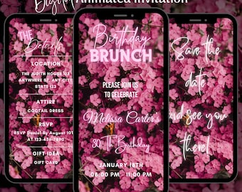 Pink Floral Birthday Brunch Animated Invitation, Editable Video Invite Template (Digital Download)