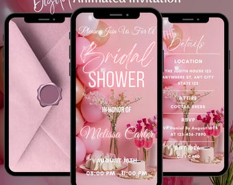 Animated Pink Bridal Shower Video Invitation, Editable Bachelorette Party Mobile Evite, Canva Digital Download