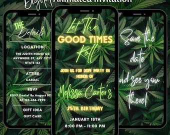 Animated Neon Cannabis Weed Theme Birthday Party Video Invitation, Editable 420 Party Evite (Digital Download)