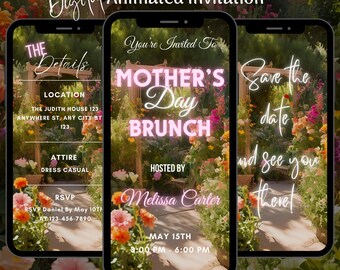 Digital Floral Mother’s Day Brunch Video Invitation, Editable Animated Happy Mother’s Day Tea Party Invite