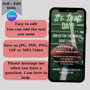 May include: A digital invitation for a football draft party. The invitation is on a green and white football field background with a brown football in the center. The text reads "It's Draft Day!" and includes details about the party, including the date, time, location, and RSVP information.