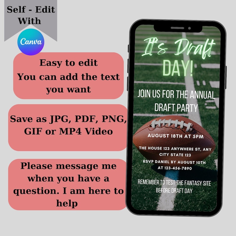 May include: A digital invitation for a football draft party. The invitation is on a green and white football field background with a brown football in the center. The text reads "It's Draft Day!" and includes details about the party, including the date, time, location, and RSVP information.