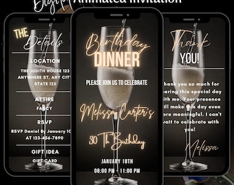 Invitación digital a una cena de cumpleaños, invitación animada editable con champán, plantilla de invitación en video para una cena, invitación a una cena de cumpleaños