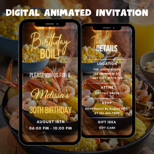 Editable Seafood Birthday Boil Invitation, Animated Crawfish Boil Birthday Party Invitation, Boil Digital Video  Invitation, Sea Food Party
