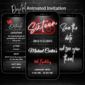 Digital Red 16th Birthday Party Invitation, Editable Animated Neon Red 16th Birthday Invitation, 16th Birthday Video Invitation Template