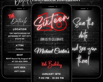 Animated Red 16th Birthday Party Video Invitation, Editable Teen Party Invite (Digital Download)