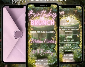 Editable Pink Birthday Brunch Video Invitation, Animated Tea Party Evite (Digital Download)