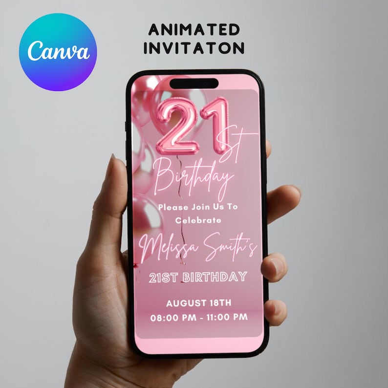 Pu&ograve; includere: Un invito animato sullo schermo di un telefono rosa per una festa di compleanno di 21 anni. L'invito presenta un numero 21 di palloncino rosa, palloncini rosa e il testo "21&deg; compleanno", "Unisciti a noi per festeggiare", "Melissa Smith's", "18 agosto" e "20:00 - 23:00".