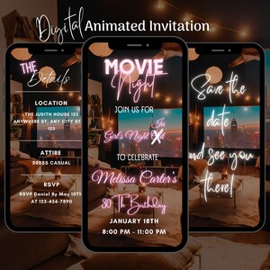 Editable Movie Night Birthday Invitation, Animated Movie Night Invitation, Movie Party Video Invite, Digital Cinema Party, Girls Night In