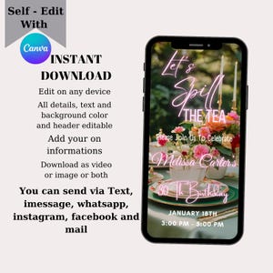 Pu&ograve; includere: Un invito digitale per una festa di compleanno di 30 anni con tema tea party. L'invito presenta un cartello al neon rosa che dice "Let's Spill the Tea" e un arrangiamento floreale con tazze da t&egrave; e una teiera. Il testo dell'invito dice "Please Join Us To Celebrate Melissa Carter's 30th Birthday" e include la data e l'ora della festa.